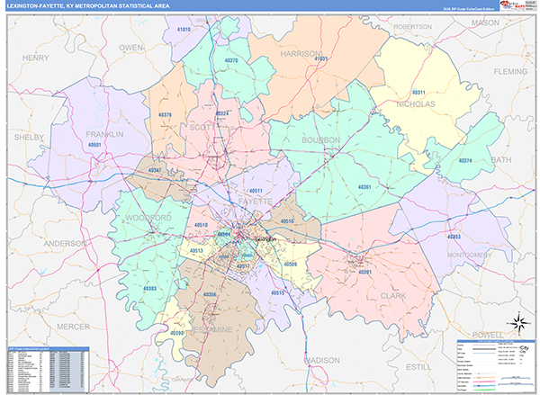Lexington-Fayette Metro Area Wall Map Color Cast Style